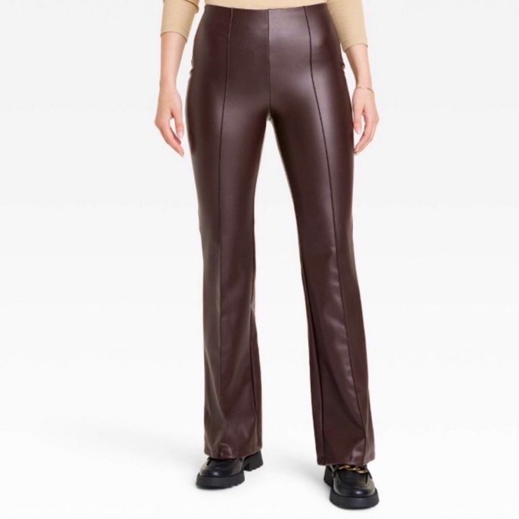 Nwt Dark Brown Pull On Faux Leather Flare Pants